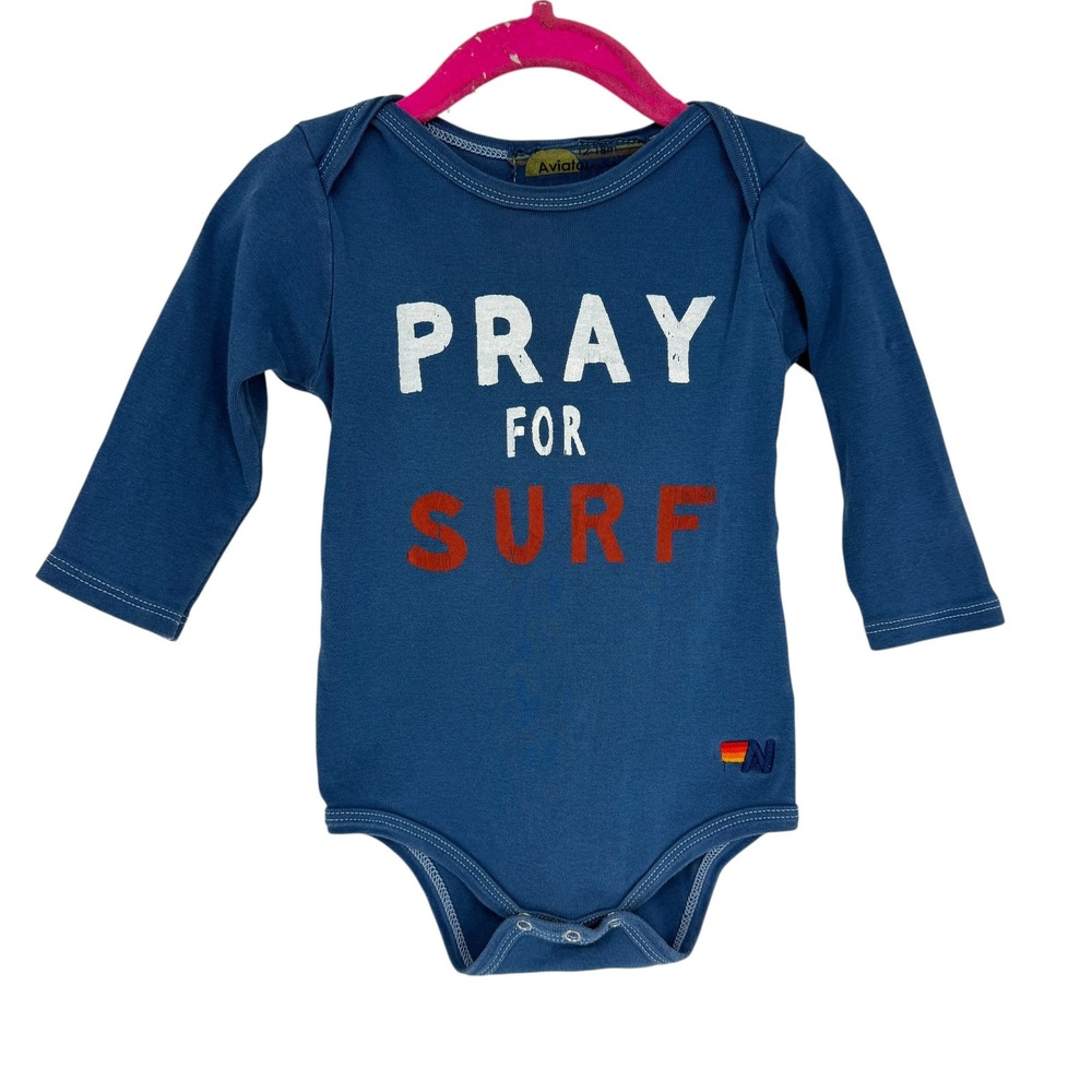 Aviator Nation Pray For Surf Long Sleeve Bodysuit Blue 12-18M Organic Cotton USa